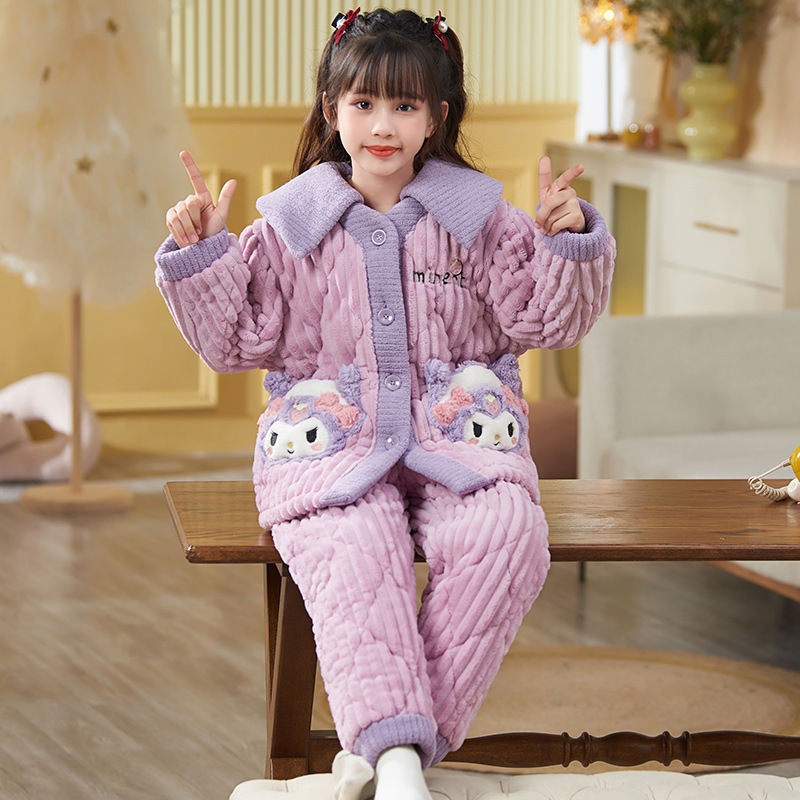 子供用パジャマ女の子新しい冬コーラルベルベット三層キルティング厚いクロミ大きな子供と女の子のスーツ