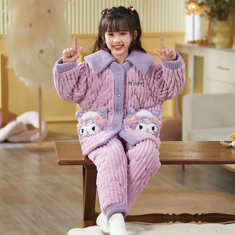 子供用パジャマ女の子新しい冬コーラルベルベット三層キルティング厚いクロミ大きな子供と女の子のスーツ