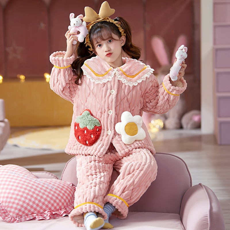 子供用パジャマ女の子新しい冬コーラルベルベット三層キルティング厚いクロミ大きな子供と女の子のスーツ