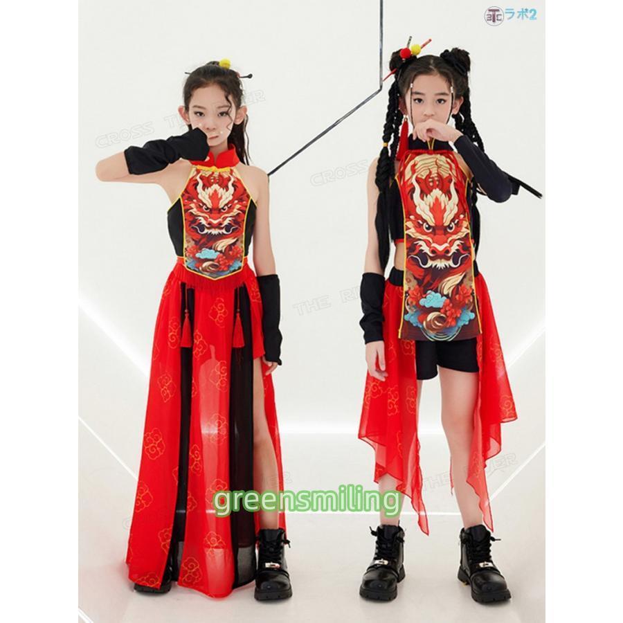 中華風 ダンス衣装 キッズ 赤 黒 セットアップ 女の子 へそ出しトップス チュールスカート ショートパンツ ロングパンツ キリン柄 和風 k-pop 女の子 男の子 ジ