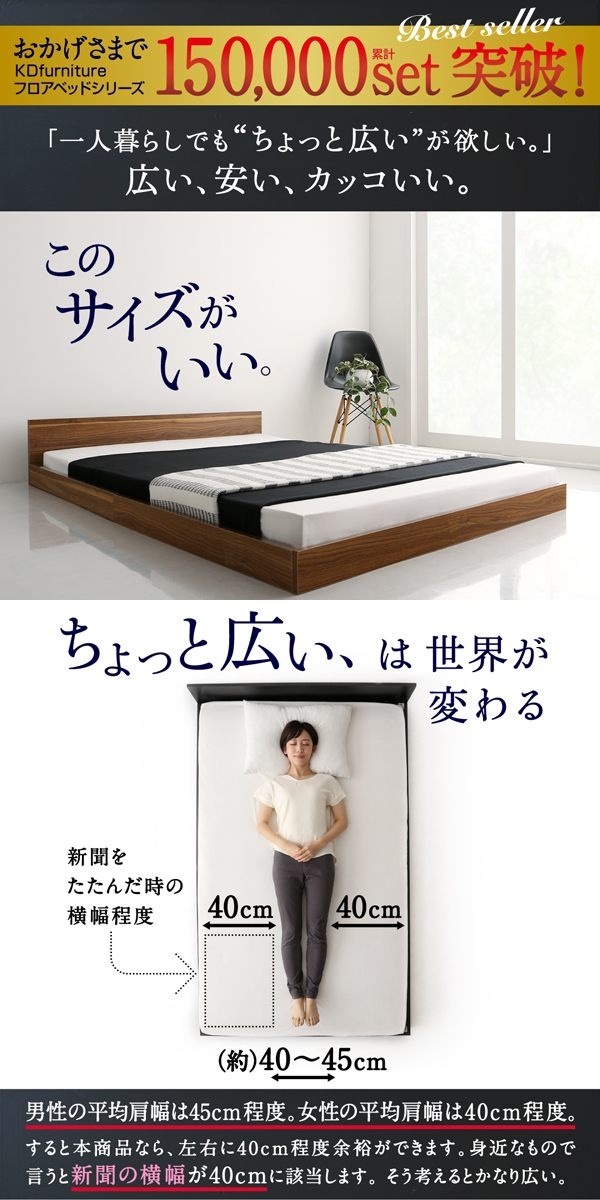 [組立設置付]コンパクト フロアローベッド [HIRO] プレミアムボンネルコイルマットレス付 セミダブル ウォルナットブラウン [マットレス]白