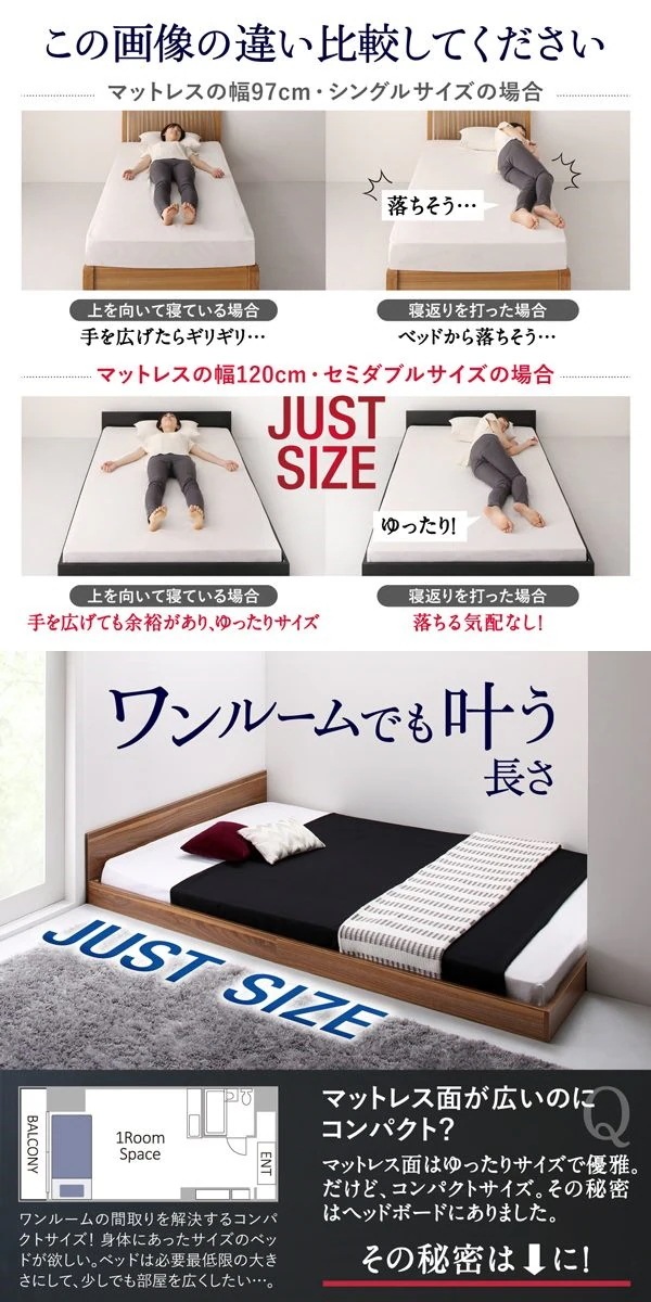 [組立設置付]コンパクト フロアローベッド [HIRO] プレミアムボンネルコイルマットレス付 セミダブル ウォルナットブラウン [マットレス]白