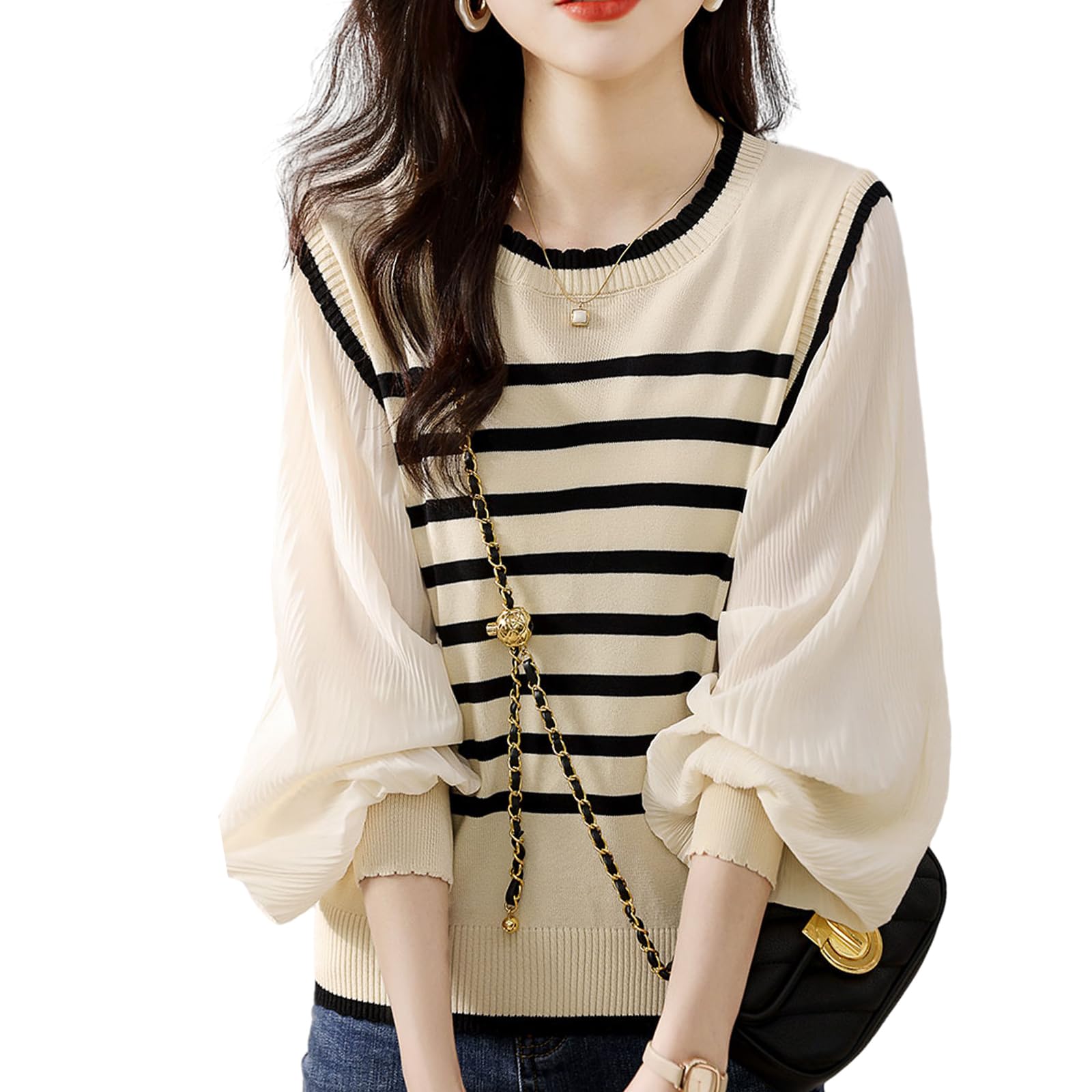 ニット セーター レディース トップス 長袖 丸首 ボーダー柄 フェイクツーピース フリル ランタンスリーブ かわいい カジュアル 快適 着痩せ オフィス 通勤 普段着 春 秋 冬 ニット セーター レディース トップス 長袖 丸首 ボーダー柄 フェイクツーピース フリル ランタンスリーブ かわいい カジュアル 快適 着痩せ オフィス 通勤 普段着 春 秋 冬
