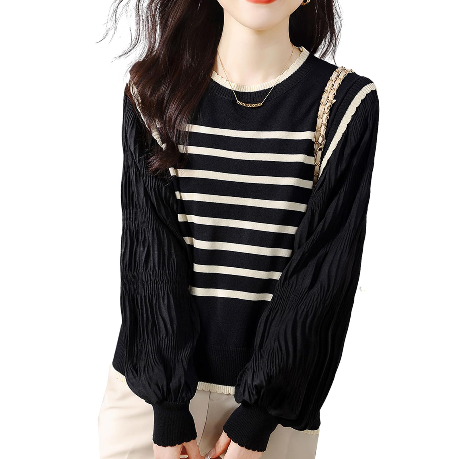ニット セーター レディース トップス 長袖 丸首 ボーダー柄 フェイクツーピース フリル ランタンスリーブ かわいい カジュアル 快適 着痩せ オフィス 通勤 普段着 春 秋 冬 ニット セーター レディース トップス 長袖 丸首 ボーダー柄 フェイクツーピース フリル ランタンスリーブ かわいい カジュアル 快適 着痩せ オフィス 通勤 普段着 春 秋 冬