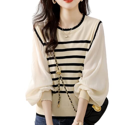 ニット セーター レディース トップス 長袖 丸首 ボーダー柄 フェイクツーピース フリル ランタンスリーブ かわいい カジュアル 快適 着痩せ オフィス 通勤 普段着 春 秋 冬 ニット セーター レディース トップス 長袖 丸首 ボーダー柄 フェイクツーピース フリル ランタンスリーブ かわいい カジュアル 快適 着痩せ オフィス 通勤 普段着 春 秋 冬