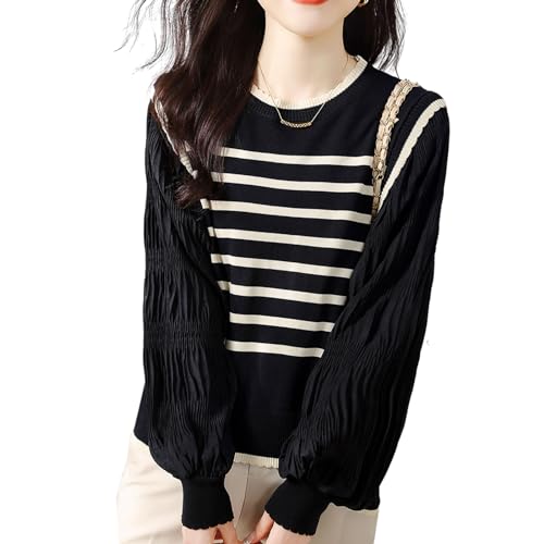 ニット セーター レディース トップス 長袖 丸首 ボーダー柄 フェイクツーピース フリル ランタンスリーブ かわいい カジュアル 快適 着痩せ オフィス 通勤 普段着 春 秋 冬 ニット セーター レディース トップス 長袖 丸首 ボーダー柄 フェイクツーピース フリル ランタンスリーブ かわいい カジュアル 快適 着痩せ オフィス 通勤 普段着 春 秋 冬