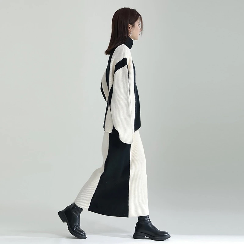 卒業式 ニットセットアップ 人気なリブニット 「ニット＋スカート」ワンピースセット 春夏 ドッキング 【J.Fashion】黒白 タートルネック 上下セット スウェット スーツセットアップ ジャージ