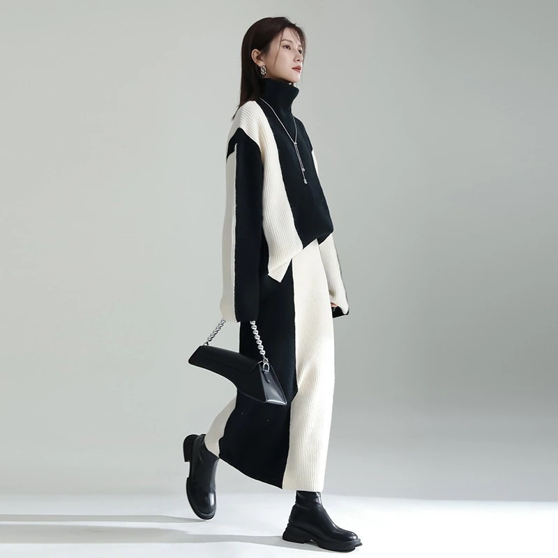 卒業式 ニットセットアップ 人気なリブニット 「ニット＋スカート」ワンピースセット 春夏 ドッキング 【J.Fashion】黒白 タートルネック 上下セット スウェット スーツセットアップ ジャージ