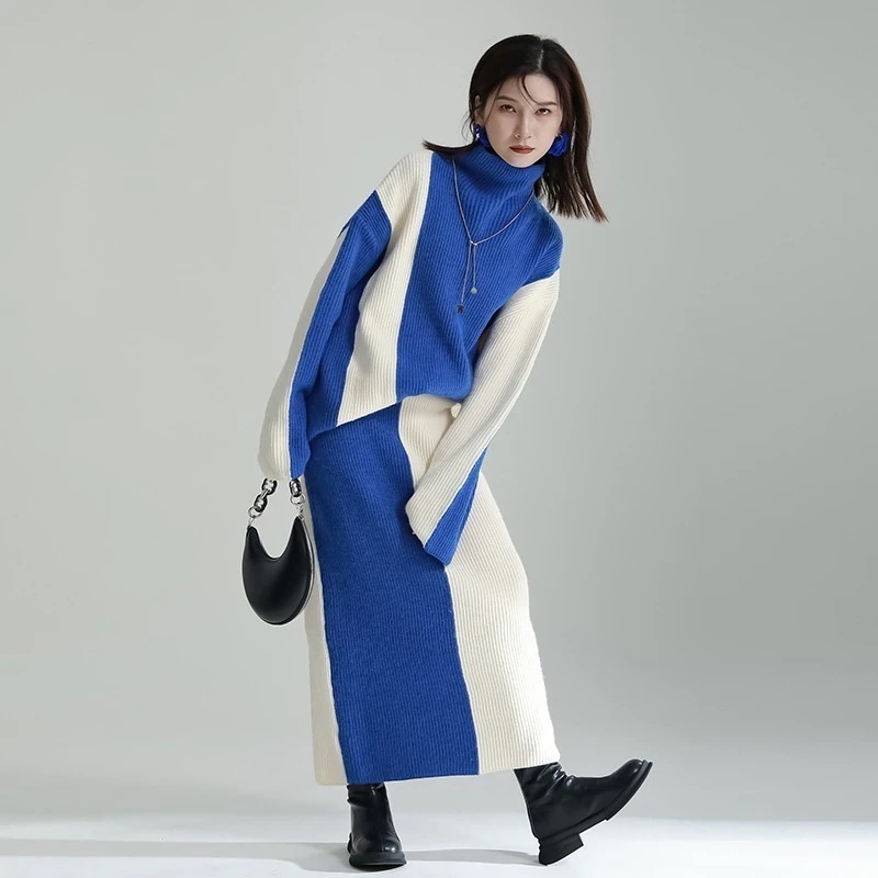 卒業式 ニットセットアップ 人気なリブニット 「ニット＋スカート」ワンピースセット 春夏 ドッキング 【J.Fashion】黒白 タートルネック 上下セット スウェット スーツセットアップ ジャージ