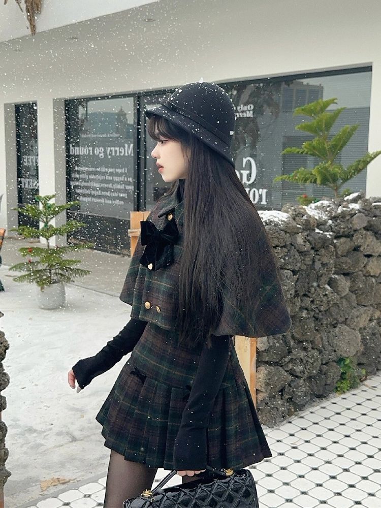 25韓 セット服 レディース マントストールチェック プリーツスカートスーツ ファッション セットアップ 上下セット 3点セット