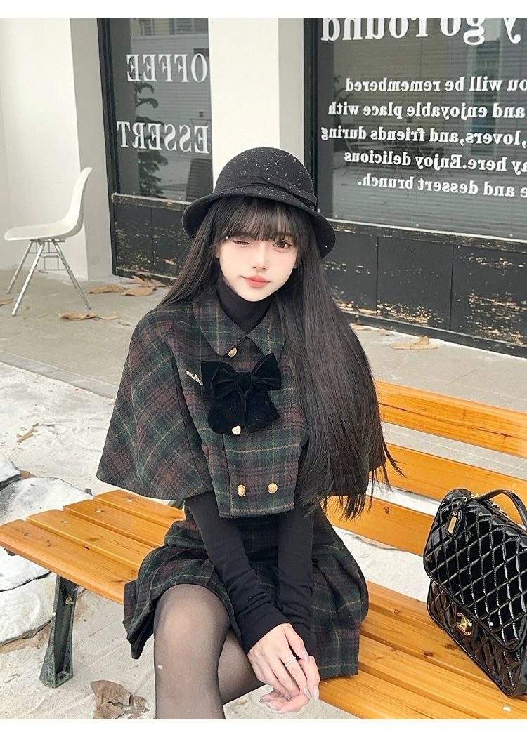 25韓 セット服 レディース マントストールチェック プリーツスカートスーツ ファッション セットアップ 上下セット 3点セット