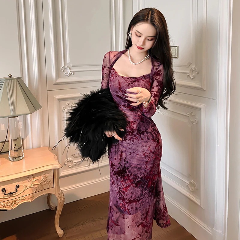 【JY.上品】梅 花柄ワンピ スクエアネック 秋 マーメイド シアー キャバドレス フォーマル パーティードレス 同窓会 披露宴 卒業式 結婚式 演奏会 二次会 発表会