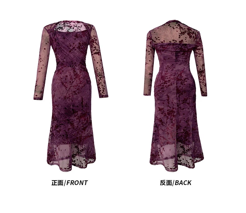 【JY.上品】梅 花柄ワンピ スクエアネック 秋 マーメイド シアー キャバドレス フォーマル パーティードレス 同窓会 披露宴 卒業式 結婚式 演奏会 二次会 発表会