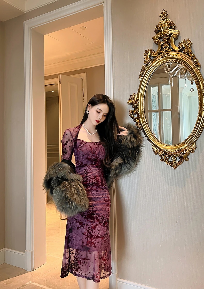 【JY.上品】梅 花柄ワンピ スクエアネック 秋 マーメイド シアー キャバドレス フォーマル パーティードレス 同窓会 披露宴 卒業式 結婚式 演奏会 二次会 発表会