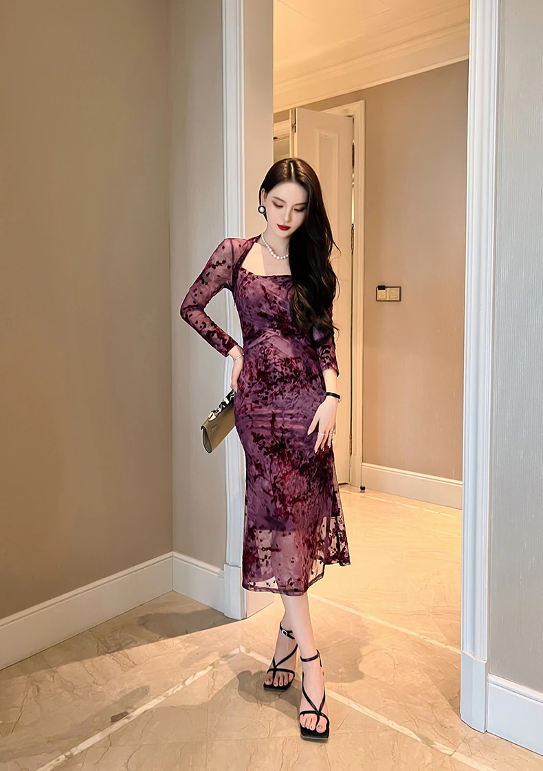 【JY.上品】梅 花柄ワンピ スクエアネック 秋 マーメイド シアー キャバドレス フォーマル パーティードレス 同窓会 披露宴 卒業式 結婚式 演奏会 二次会 発表会