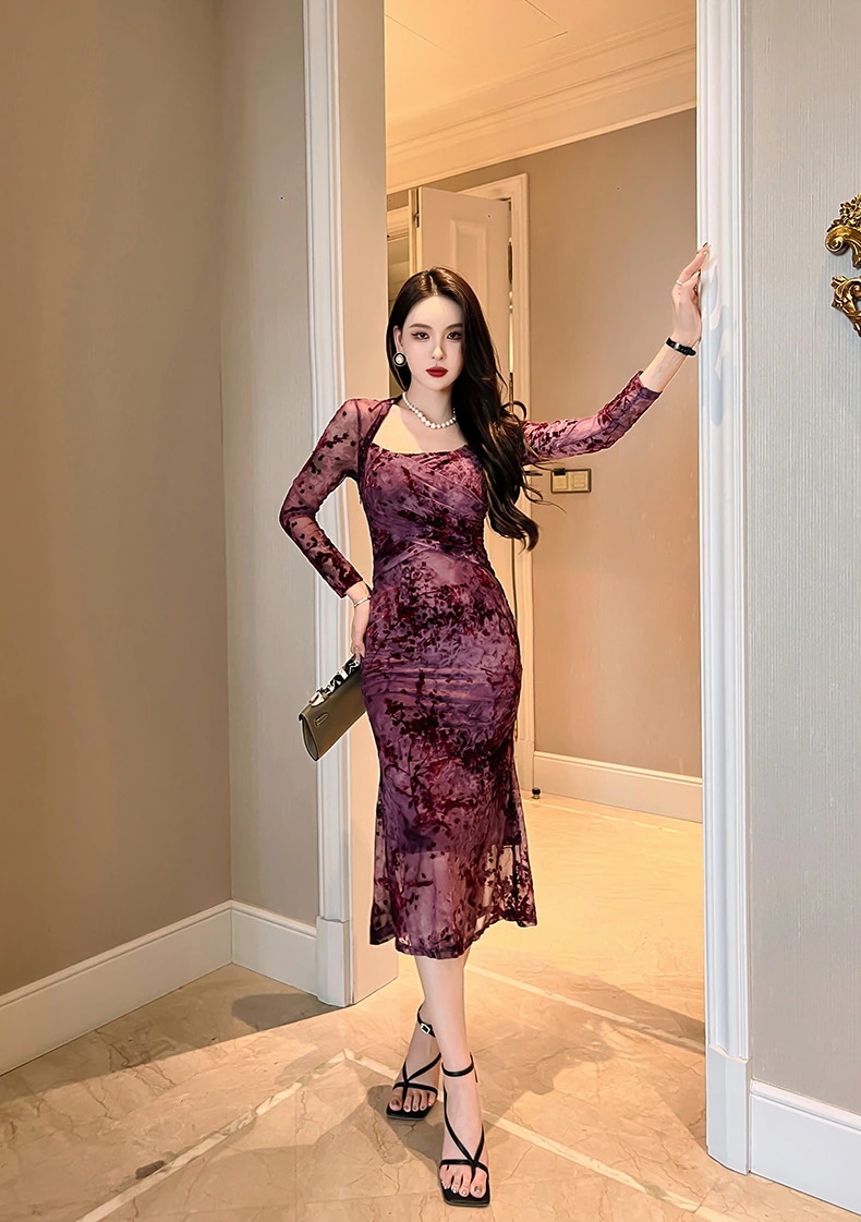 【JY.上品】梅 花柄ワンピ スクエアネック 秋 マーメイド シアー キャバドレス フォーマル パーティードレス 同窓会 披露宴 卒業式 結婚式 演奏会 二次会 発表会