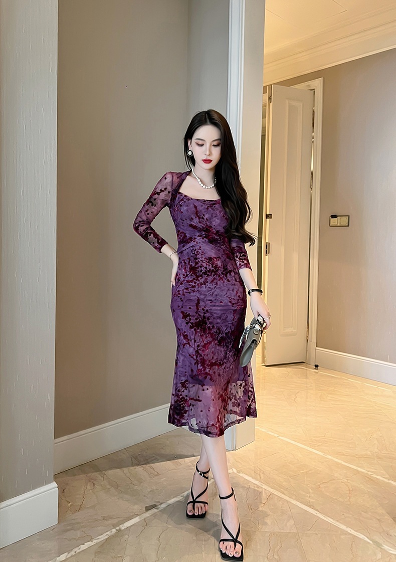 【JY.上品】梅 花柄ワンピ スクエアネック 秋 マーメイド シアー キャバドレス フォーマル パーティードレス 同窓会 披露宴 卒業式 結婚式 演奏会 二次会 発表会