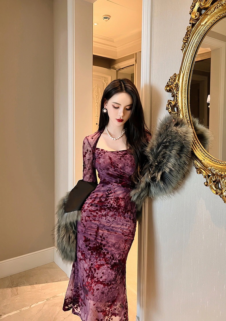 【JY.上品】梅 花柄ワンピ スクエアネック 秋 マーメイド シアー キャバドレス フォーマル パーティードレス 同窓会 披露宴 卒業式 結婚式 演奏会 二次会 発表会