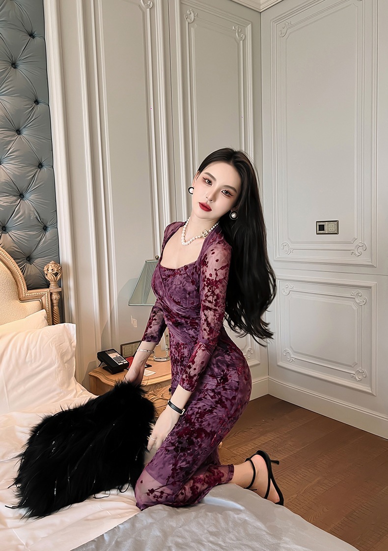 【JY.上品】梅 花柄ワンピ スクエアネック 秋 マーメイド シアー キャバドレス フォーマル パーティードレス 同窓会 披露宴 卒業式 結婚式 演奏会 二次会 発表会