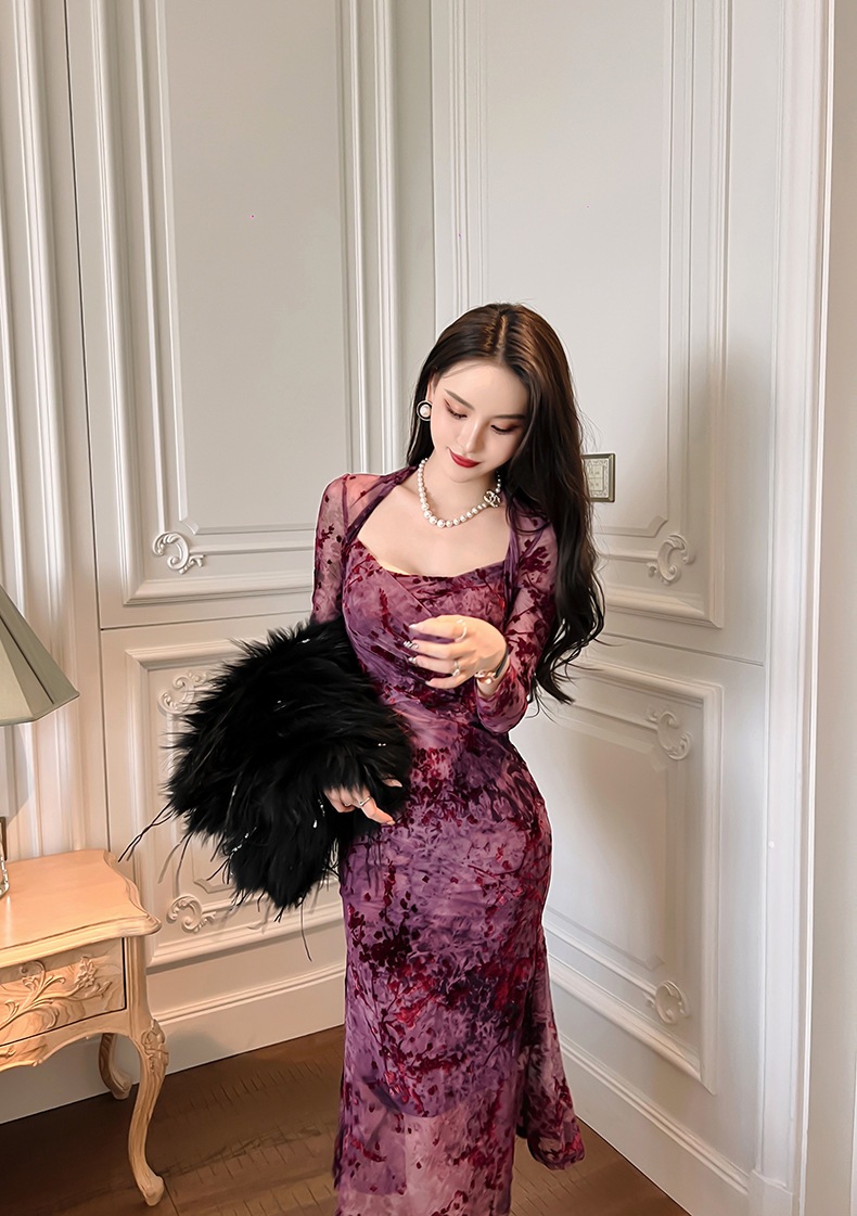 【JY.上品】梅 花柄ワンピ スクエアネック 秋 マーメイド シアー キャバドレス フォーマル パーティードレス 同窓会 披露宴 卒業式 結婚式 演奏会 二次会 発表会