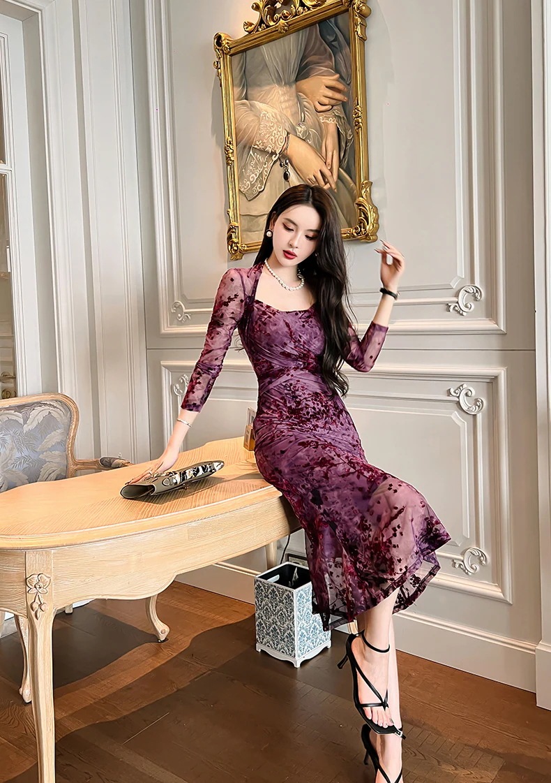 【JY.上品】梅 花柄ワンピ スクエアネック 秋 マーメイド シアー キャバドレス フォーマル パーティードレス 同窓会 披露宴 卒業式 結婚式 演奏会 二次会 発表会