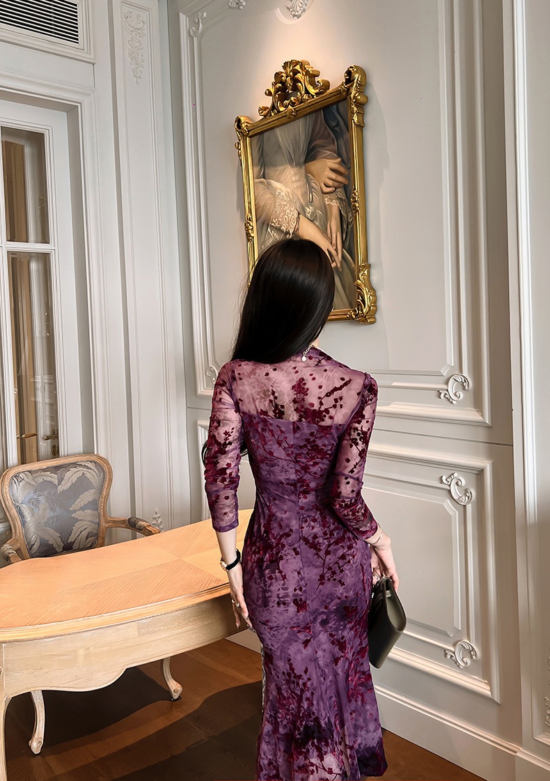 【JY.上品】梅 花柄ワンピ スクエアネック 秋 マーメイド シアー キャバドレス フォーマル パーティードレス 同窓会 披露宴 卒業式 結婚式 演奏会 二次会 発表会