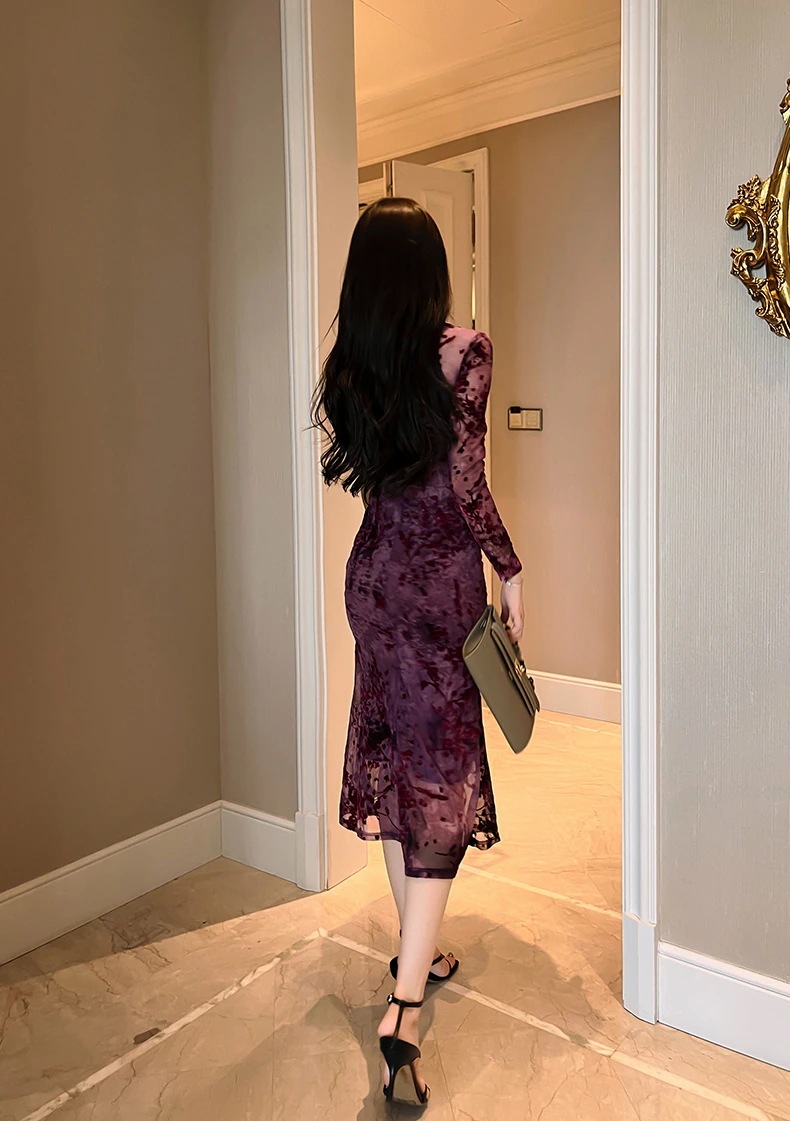 【JY.上品】梅 花柄ワンピ スクエアネック 秋 マーメイド シアー キャバドレス フォーマル パーティードレス 同窓会 披露宴 卒業式 結婚式 演奏会 二次会 発表会