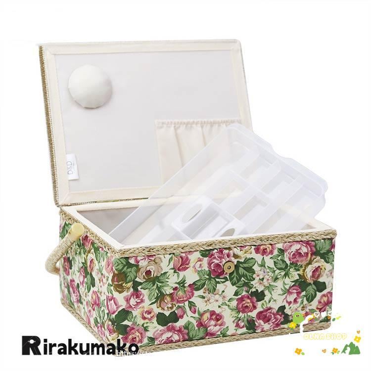 裁縫箱 縫製バスケット ソーイングボックス 花柄 収納ケース 持ち手式 木製 収納BOX かわいい 家庭用 小物入れ ミシン糸 針 はさみボ