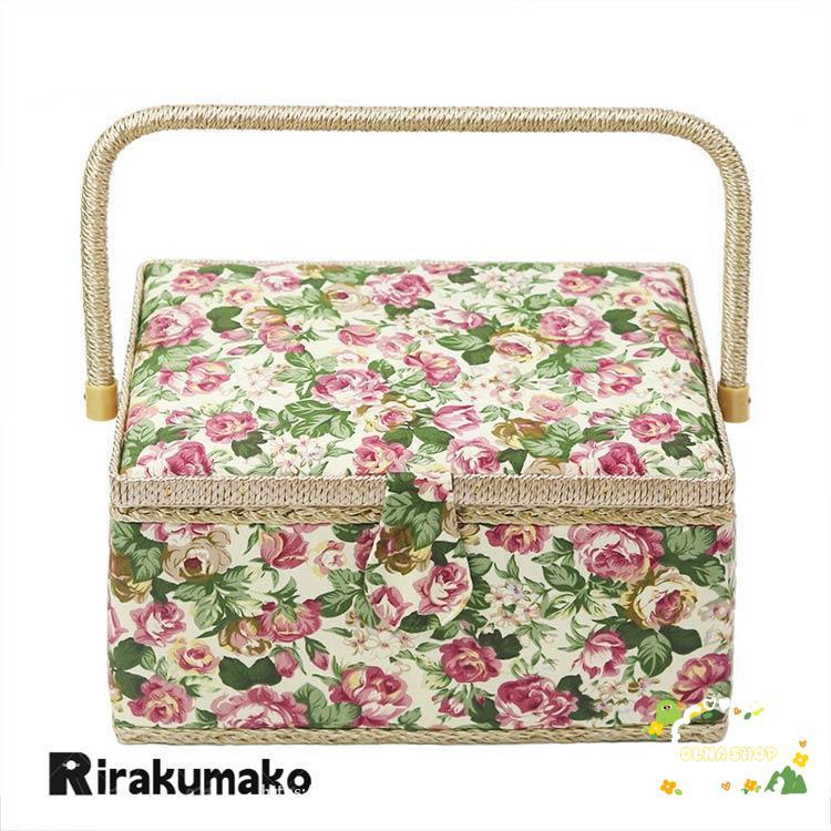 裁縫箱 縫製バスケット ソーイングボックス 花柄 収納ケース 持ち手式 木製 収納BOX かわいい 家庭用 小物入れ ミシン糸 針 はさみボ