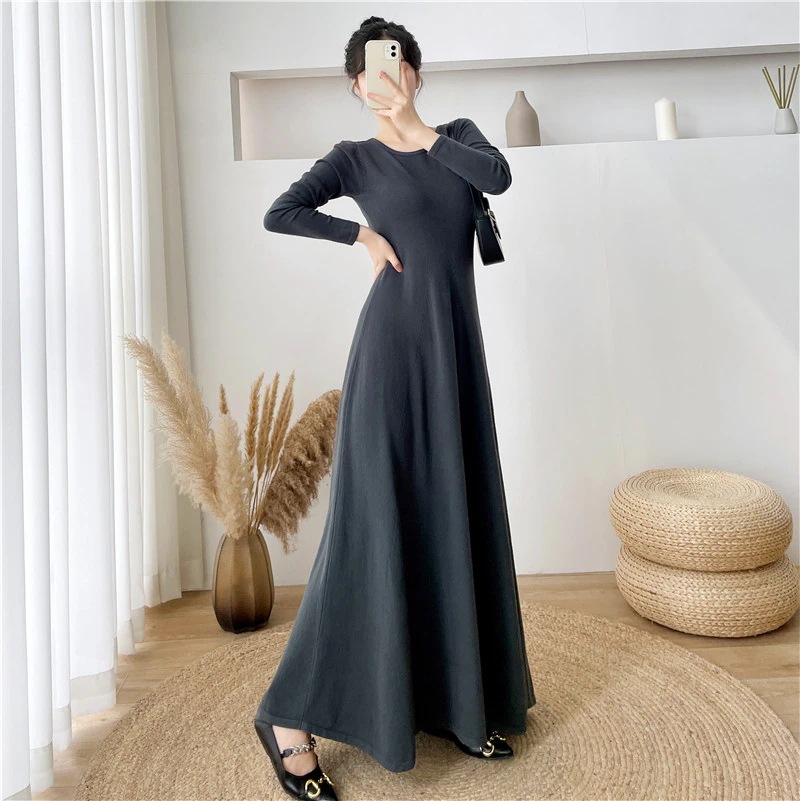 膝丈超ロングニットワンピースレディース秋冬Vネック気質ウエストインサイドアウトセーターワンピースロングスカート