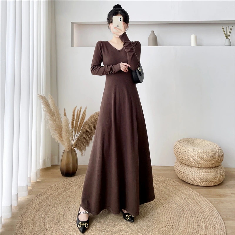 膝丈超ロングニットワンピースレディース秋冬Vネック気質ウエストインサイドアウトセーターワンピースロングスカート