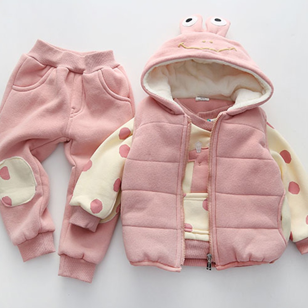 パーカー　3点セット　ベスト　パーカ　キッズ　子供　裏ボア　プルオーバー　トレーナー　セットアップ　長パンツ　ドット柄　水玉　厚地　裏起毛　あったか　防寒　子ども