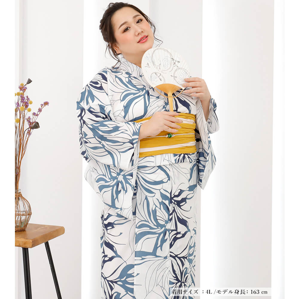 浴衣　大きいサイズ　レディース　ゆかた　大人　浴衣単品　３Ｌ　４Ｌ　ぽっちゃり　ふくよかさん向け　大きい　女性　花柄　ネイビー