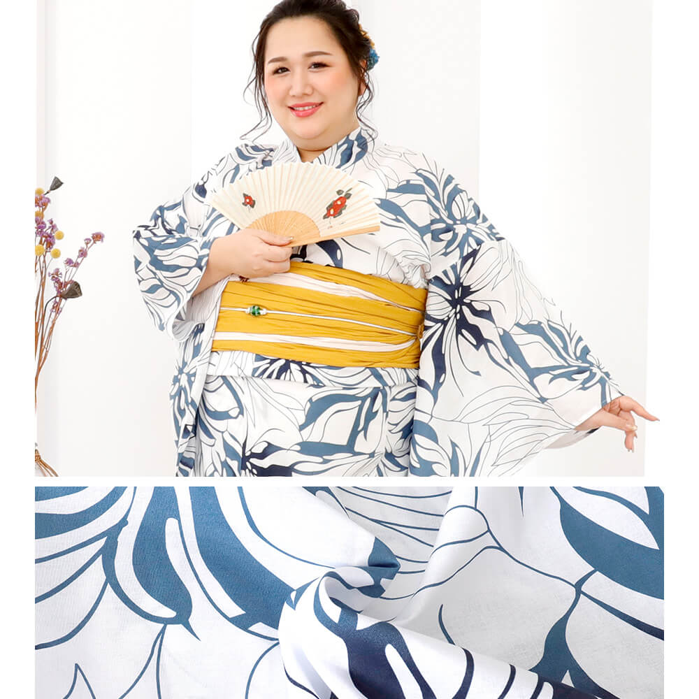 浴衣　大きいサイズ　レディース　ゆかた　大人　浴衣単品　３Ｌ　４Ｌ　ぽっちゃり　ふくよかさん向け　大きい　女性　花柄　ネイビー