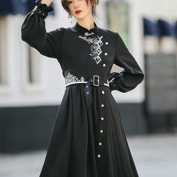 &ellecyアンドエルシー　黒　チャイナ　長袖ロングワンピース　sizeM 楽天市場】パーティードレス チャイナドレス風 ワンピース お呼ばれ