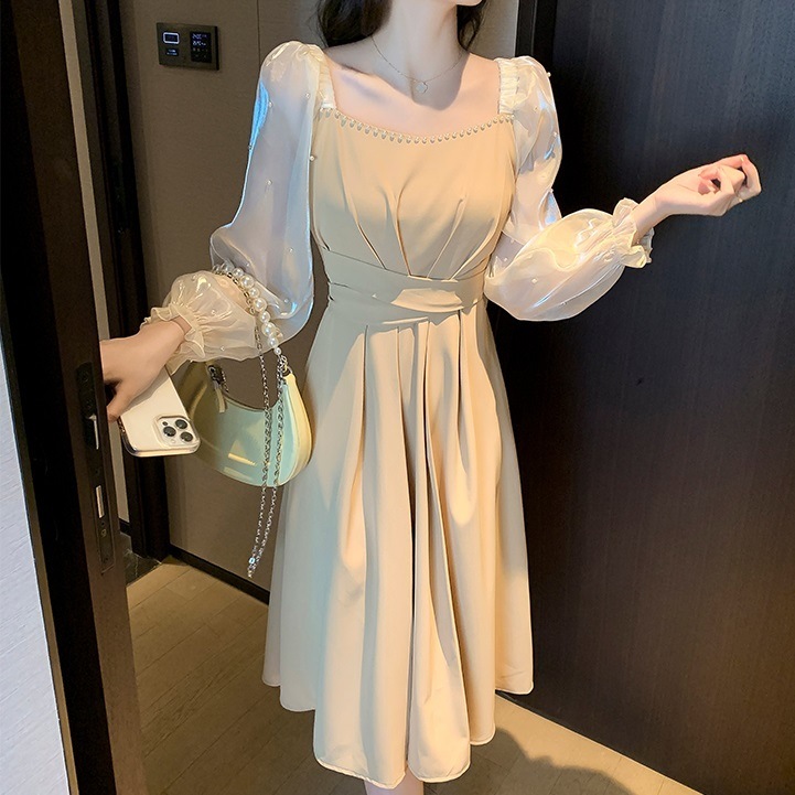 レディース ワンピース ボートネックデザイン パール タック ウエストリボン フレア 大きいサイズ ロングワンピース エレガント 大人可愛い ママコーデ ママファッション 韓国系 オルチャン 人気 ト