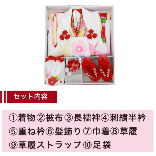 レンタル 七五三 着物 3歳 レンタル 女の子 被布着物10点セット赤地に椿と矢絣/被布：白 衣装 おすすめ レトロ おしゃれ 古典柄 安い 大正ロマン消費税込み
