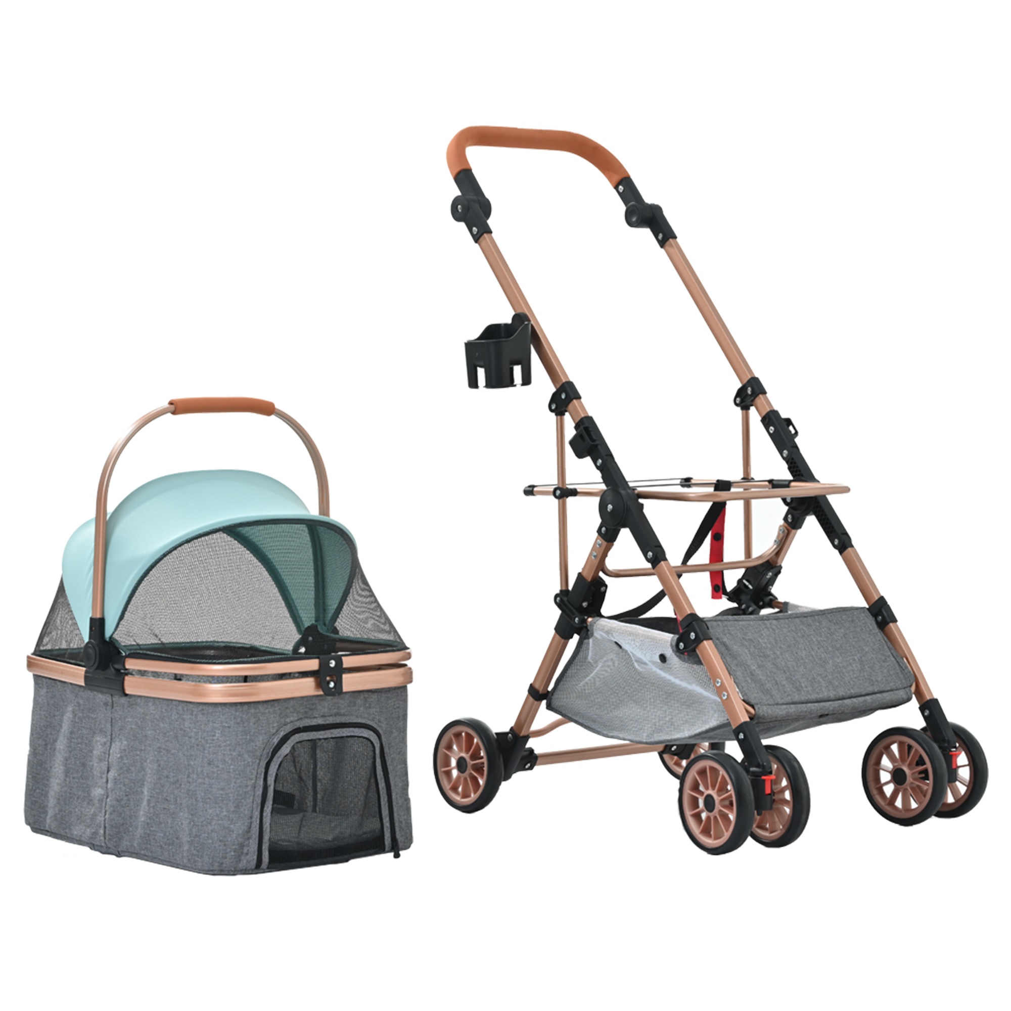 ペットカートアルミ製 分離式 取り外し可能 折りたたみ 多頭 中型犬 小型犬 猫 2way 軽量 ストッパー付き 4輪 組立簡単 工具不要 介護用 ドッグカート ペットバギー 犬 猫 動物 ペット