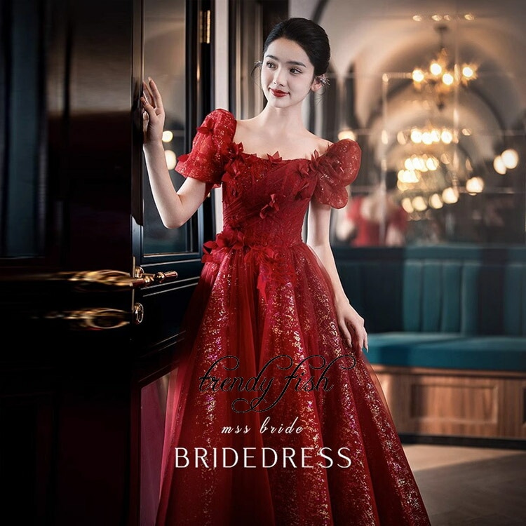 イブニングドレス パーティードレス ロングドレス 赤 半袖 ピアノ 発表