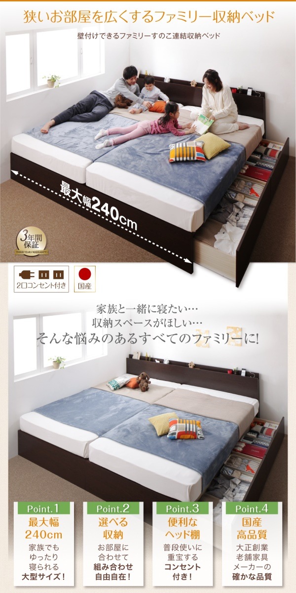 壁付けできる 国産 ファミリー連結収納ベッド [テネレッツァ 壁付けできる 国産 ファミリー連結収納ベッド [テネレッツァ
