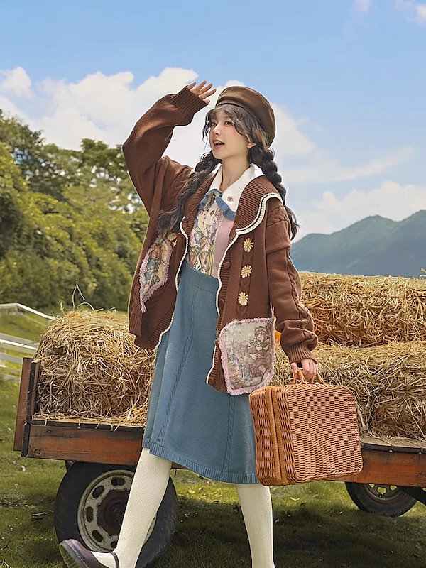 VIA VANDA フード付きブラウンカーディガン Qoo10] Meladスタイルダークブラウンカーディ