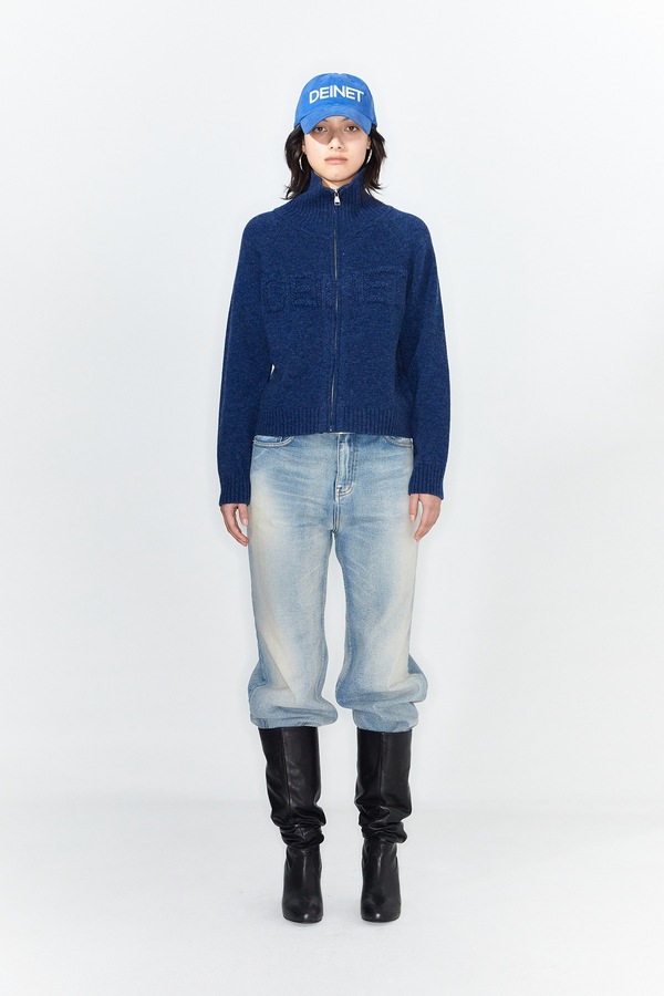 【DEINET】 FUZZY LOGO KNIT ZIP-UP : BLUE