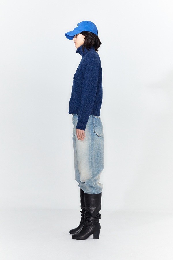 【DEINET】 FUZZY LOGO KNIT ZIP-UP : BLUE