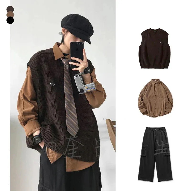 メガ割 服 日系 レトロ ラウンドネックベスト+長袖シャツ+カーゴパンツ 3点セット ノースリーブ ニット 男女兼用 メガ割 服 日系 レトロ ラウンドネックベスト+長袖シャツ+カーゴパンツ 3点セット ノースリーブ ニット 男女兼用