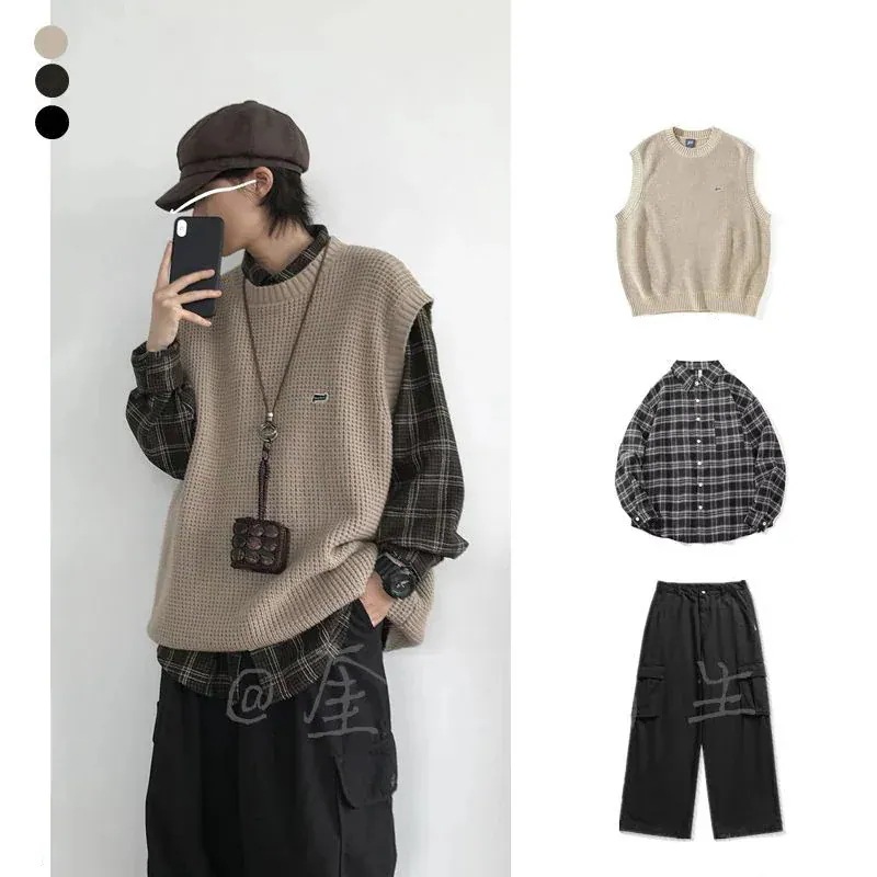 メガ割 服 日系 レトロ ラウンドネックベスト+長袖シャツ+カーゴパンツ 3点セット ノースリーブ ニット 男女兼用 メガ割 服 日系 レトロ ラウンドネックベスト+長袖シャツ+カーゴパンツ 3点セット ノースリーブ ニット 男女兼用