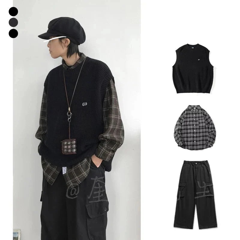 メガ割 服 日系 レトロ ラウンドネックベスト+長袖シャツ+カーゴパンツ 3点セット ノースリーブ ニット 男女兼用 メガ割 服 日系 レトロ ラウンドネックベスト+長袖シャツ+カーゴパンツ 3点セット ノースリーブ ニット 男女兼用