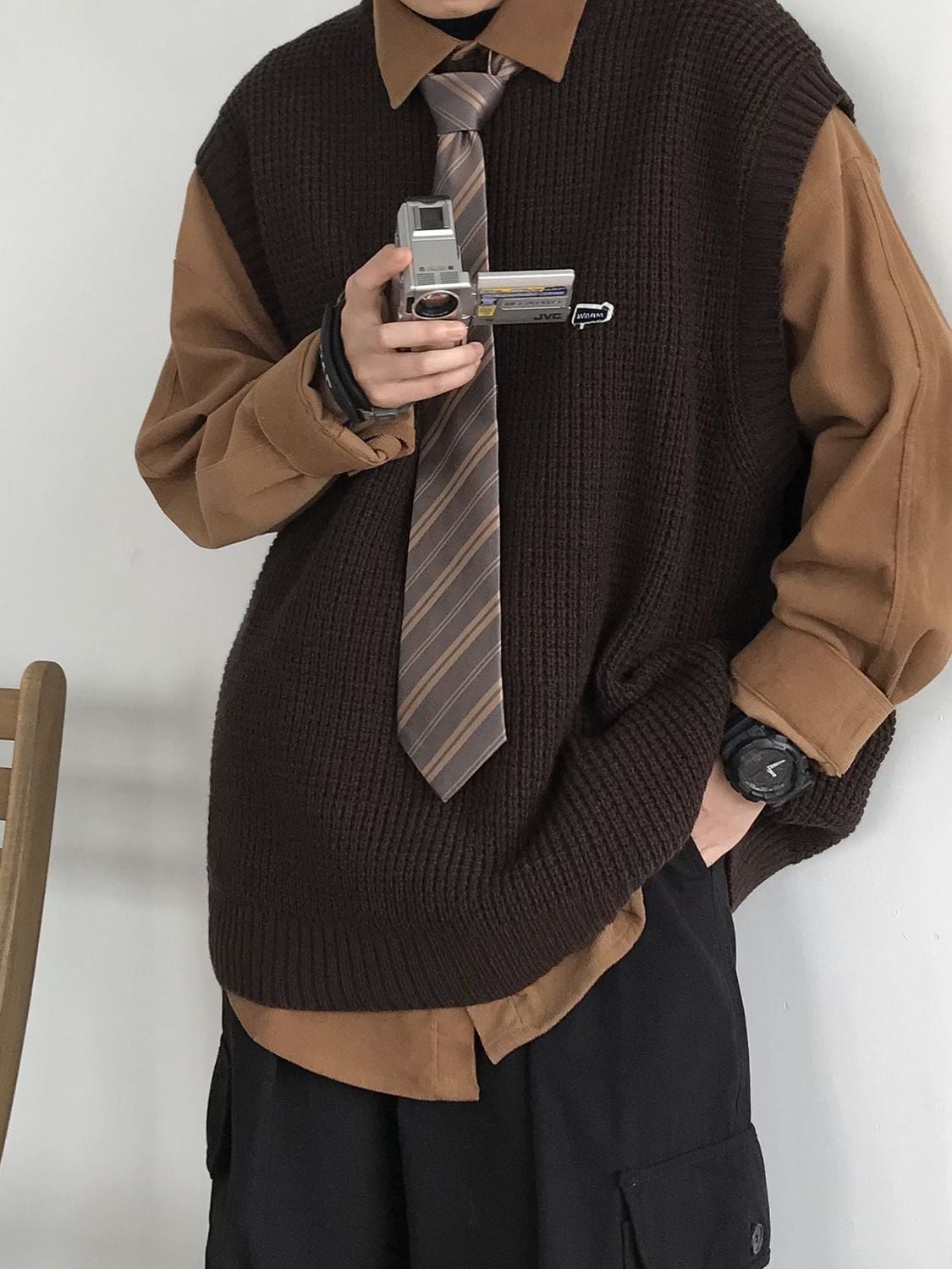 メガ割 服 日系 レトロ ラウンドネックベスト+長袖シャツ+カーゴパンツ 3点セット ノースリーブ ニット 男女兼用 メガ割 服 日系 レトロ ラウンドネックベスト+長袖シャツ+カーゴパンツ 3点セット ノースリーブ ニット 男女兼用