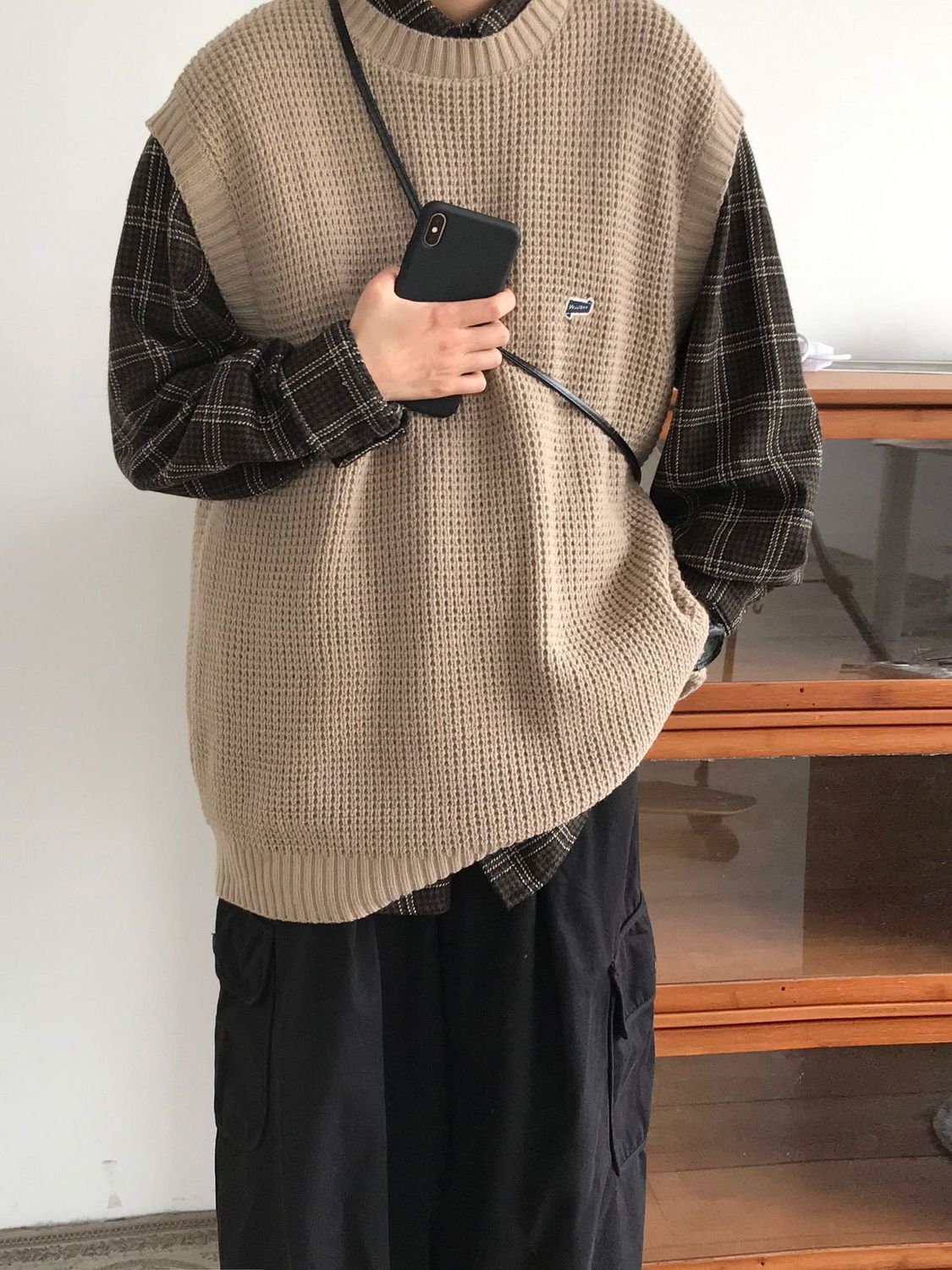 メガ割 服 日系 レトロ ラウンドネックベスト+長袖シャツ+カーゴパンツ 3点セット ノースリーブ ニット 男女兼用 メガ割 服 日系 レトロ ラウンドネックベスト+長袖シャツ+カーゴパンツ 3点セット ノースリーブ ニット 男女兼用