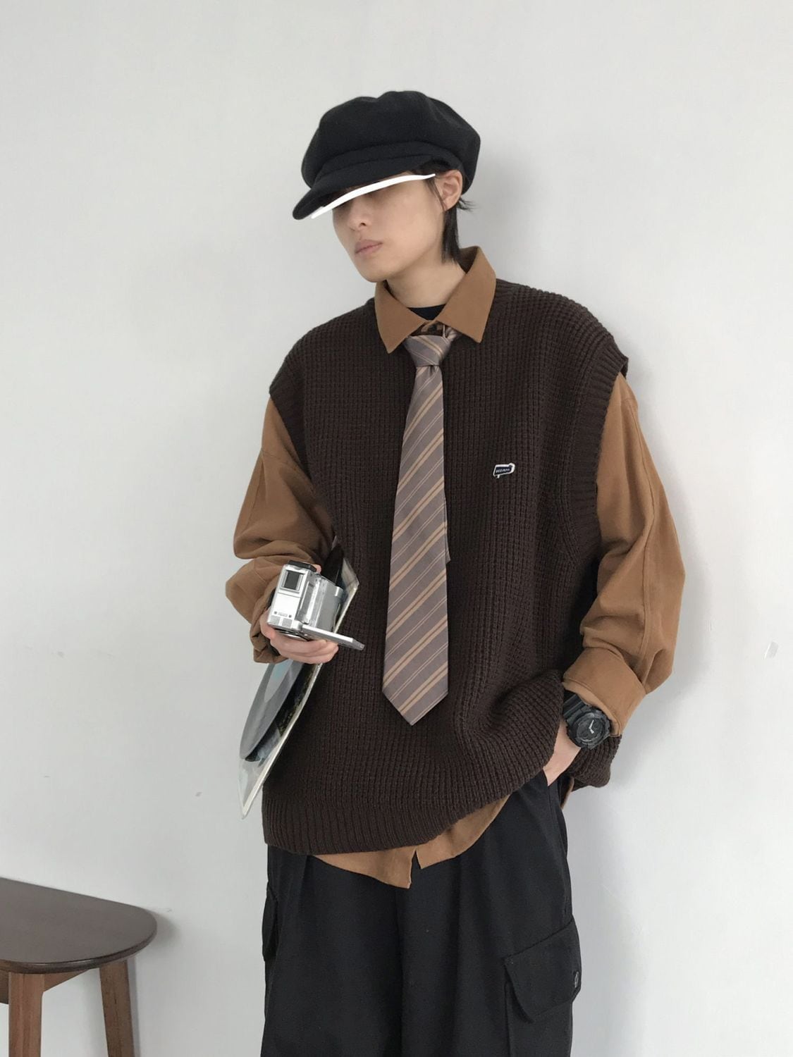 メガ割 服 日系 レトロ ラウンドネックベスト+長袖シャツ+カーゴパンツ 3点セット ノースリーブ ニット 男女兼用 メガ割 服 日系 レトロ ラウンドネックベスト+長袖シャツ+カーゴパンツ 3点セット ノースリーブ ニット 男女兼用