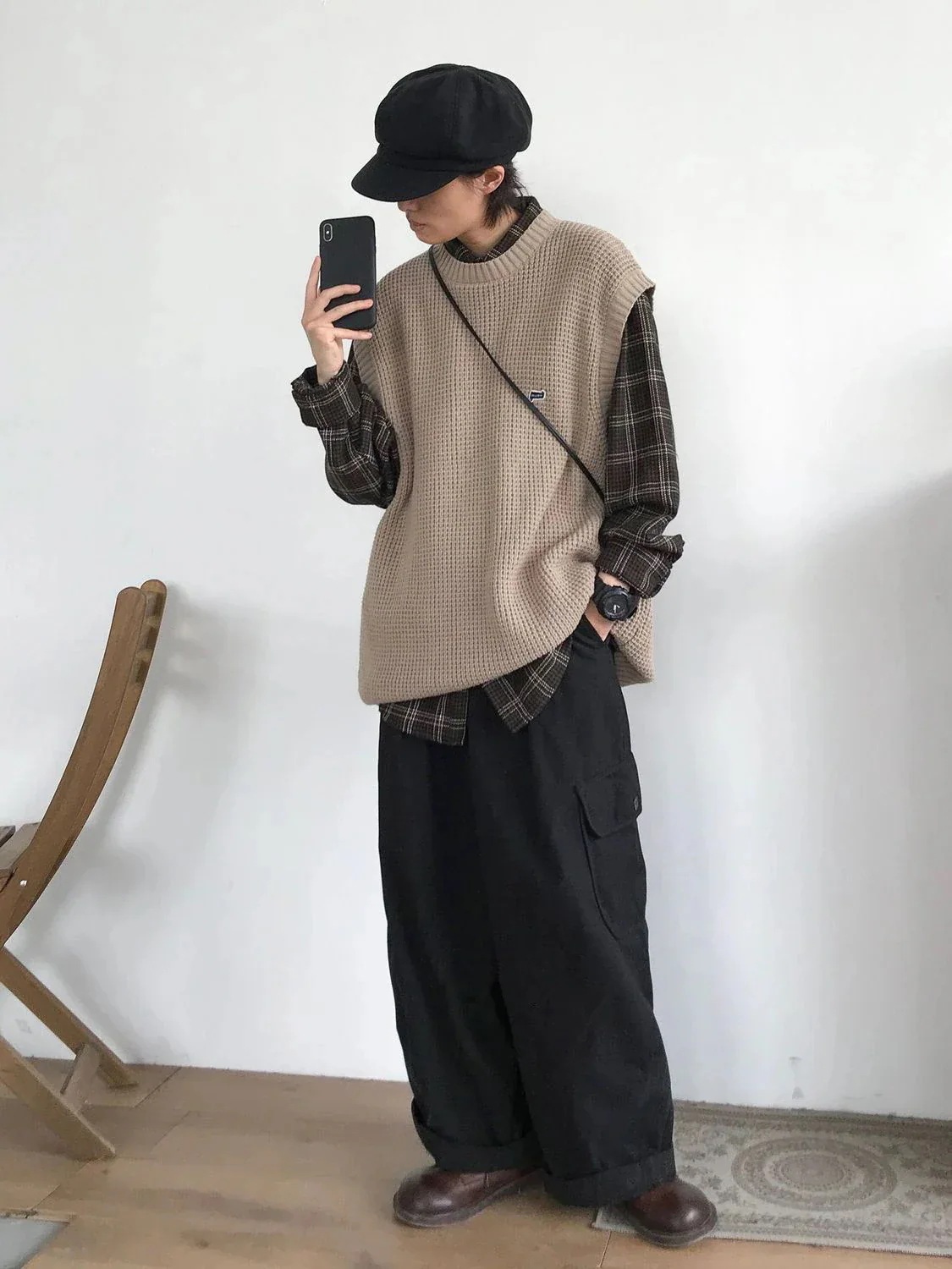 メガ割 服 日系 レトロ ラウンドネックベスト+長袖シャツ+カーゴパンツ 3点セット ノースリーブ ニット 男女兼用 メガ割 服 日系 レトロ ラウンドネックベスト+長袖シャツ+カーゴパンツ 3点セット ノースリーブ ニット 男女兼用